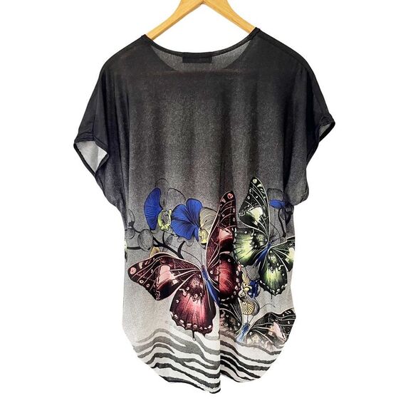 Black Butterfly Graphic Printed Loose Drop Shoulders Short Sleeve Blouse - Picture 2 of 8